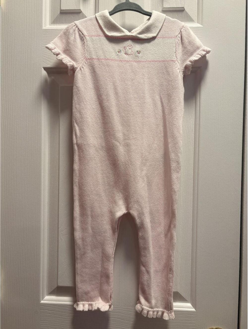 Janie and Jack Pink Knit Bunny Embroidered Long Romper Playsuit Baby Girl 12-18M